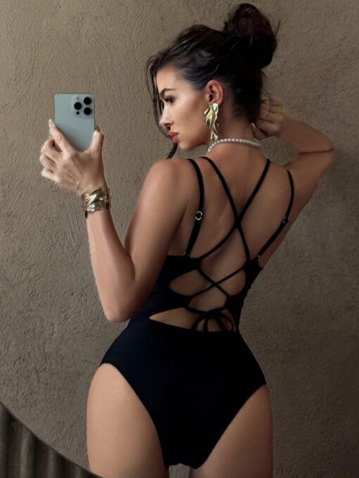 SHEIN Swim SXY Springbreak Women Black Solid Nylon Fabric Shell Shape