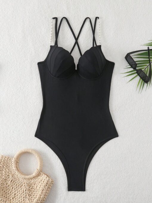 SHEIN Swim SXY Springbreak Women Black Solid Nylon Fabric Shell Shape - Image 3