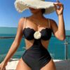 SHEIN Swim Vcay Beach Outfit For Women, One-Piece Black Pearls Strap Hard Cup