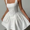 SHEIN Aloruh Women Square Neck Sleeveless Pleated White Basic Office Shift Dress