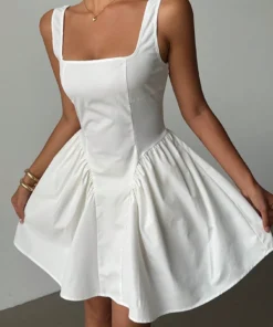 SHEIN Aloruh Women Square Neck Sleeveless Pleated White Basic Office Shift Dress