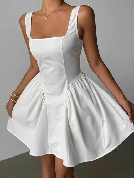 SHEIN Aloruh Women Square Neck Sleeveless Pleated White Basic Office Shift Dress