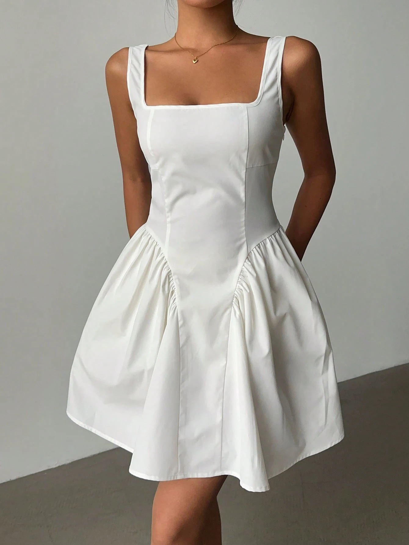 SHEIN Aloruh Women Square Neck Sleeveless Pleated White Basic Office Shift Dress - Image 3