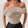 SHEIN Firerie White Organza Floral Lace Bodysuit For Women