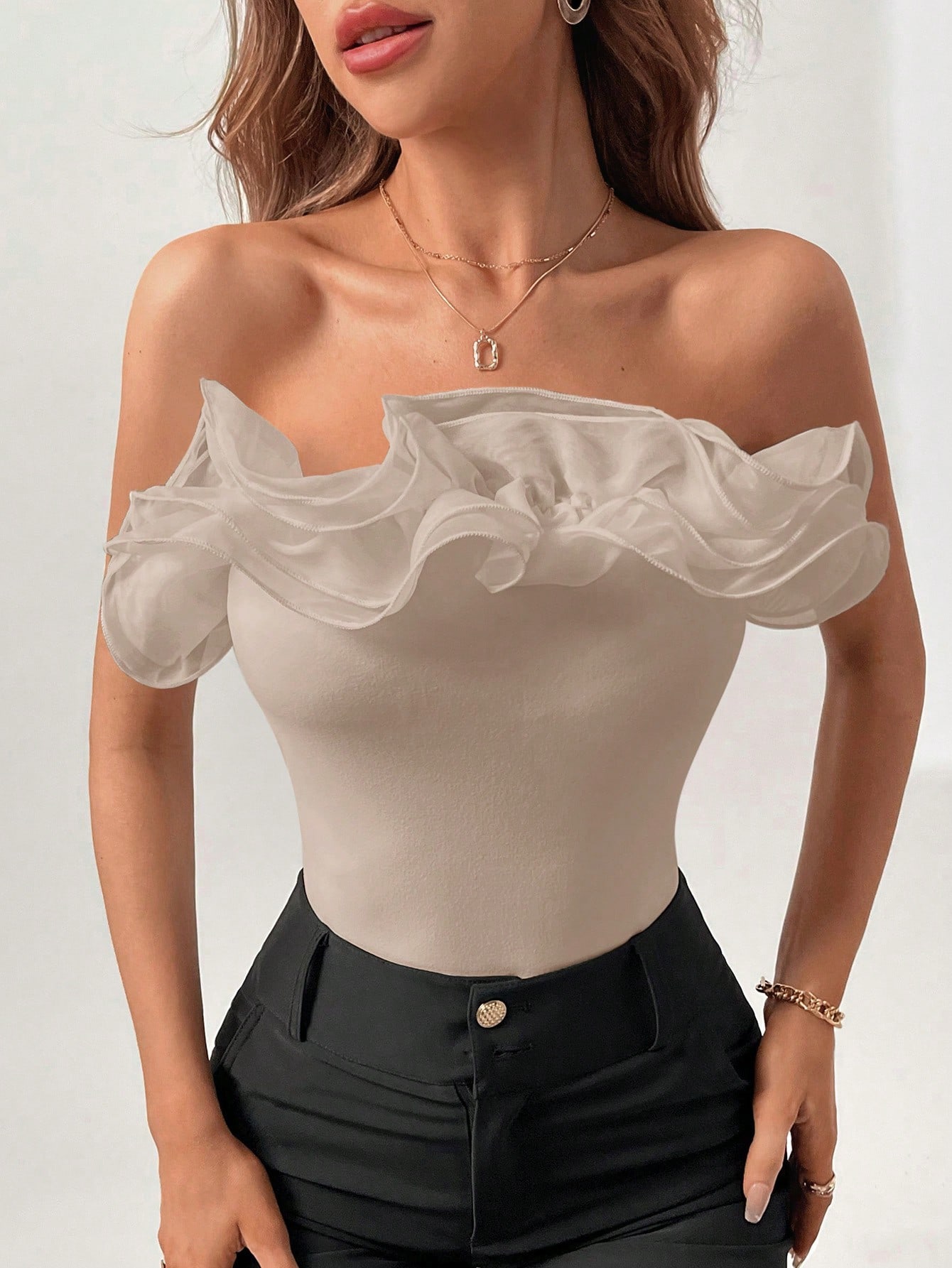 SHEIN Firerie White Organza Floral Lace Bodysuit For Women