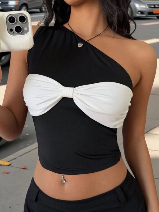 SHEIN Muchica Women's Elegant Color Block One Shoulder Crop Top