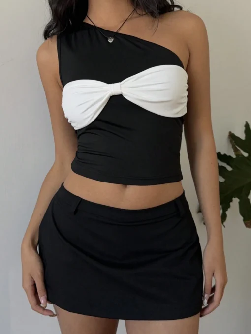 SHEIN Muchica Women's Elegant Color Block One Shoulder Crop Top - Image 3