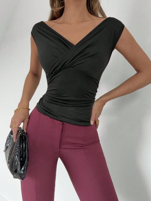 SHEIN Roylia Elegant V-Neck Solid Color Fitted Sleeveless Pleated T-Shirt - Image 3