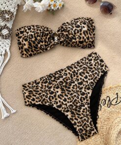 SHEIN VCAY Women Leopard Print Bandeau Strapless Bikini Top And Bottoms Swimwear
