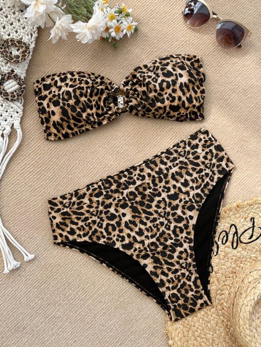 SHEIN VCAY Women Leopard Print Bandeau Strapless Bikini Top And Bottoms Swimwear