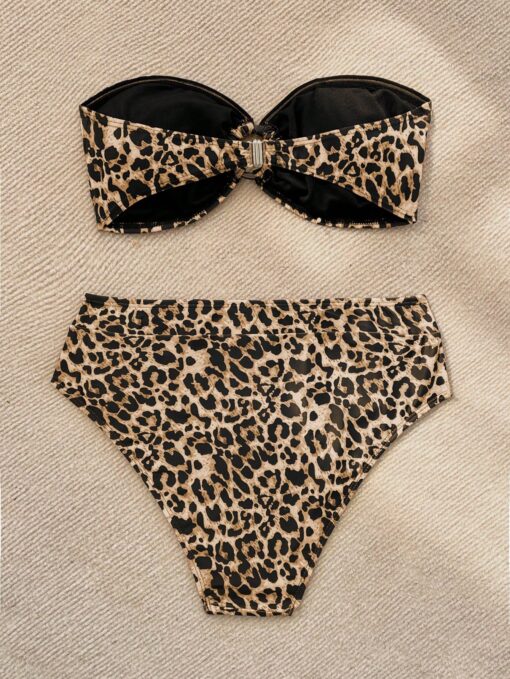 SHEIN VCAY Women Leopard Print Bandeau Strapless Bikini Top And Bottoms Swimwear - Image 2