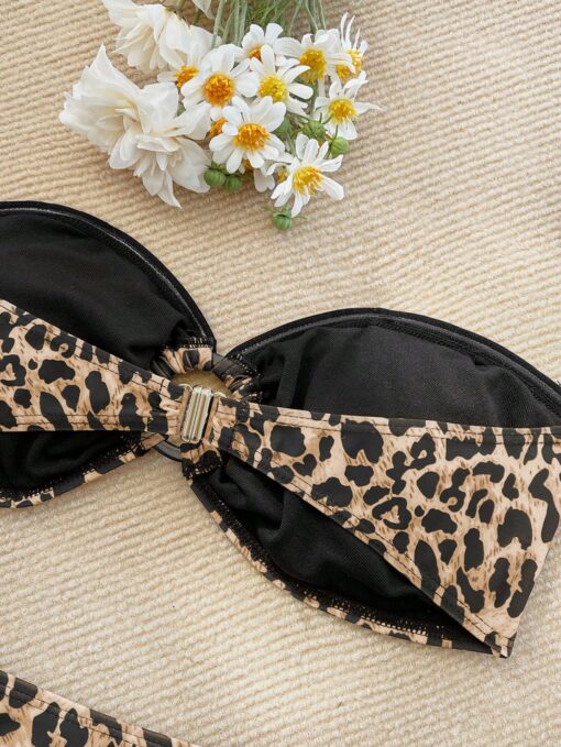 SHEIN VCAY Women Leopard Print Bandeau Strapless Bikini Top And Bottoms Swimwear - Image 3