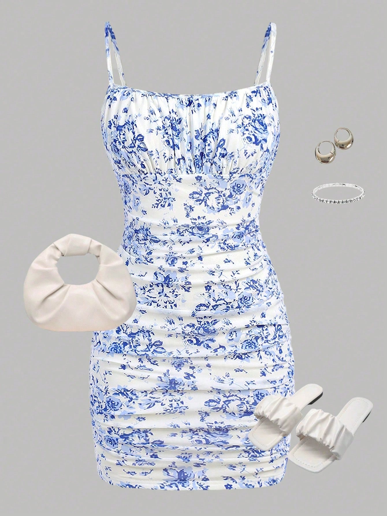 SHEIN Essnce Women's Elegant Floral Print Ruched Slim Fit Camisole Mini Dress - Image 3