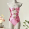 SHEIN MOD Coral Pink Women's Metal Decor Hollow Out Casual Vacation One-Piece