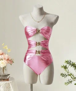 SHEIN MOD Coral Pink Women's Metal Decor Hollow Out Casual Vacation One-Piece