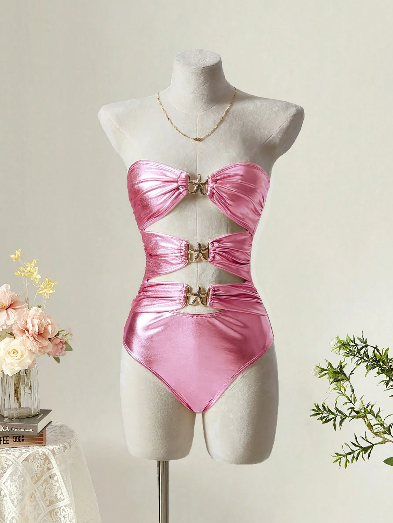 SHEIN MOD Coral Pink Women's Metal Decor Hollow Out Casual Vacation One-Piece