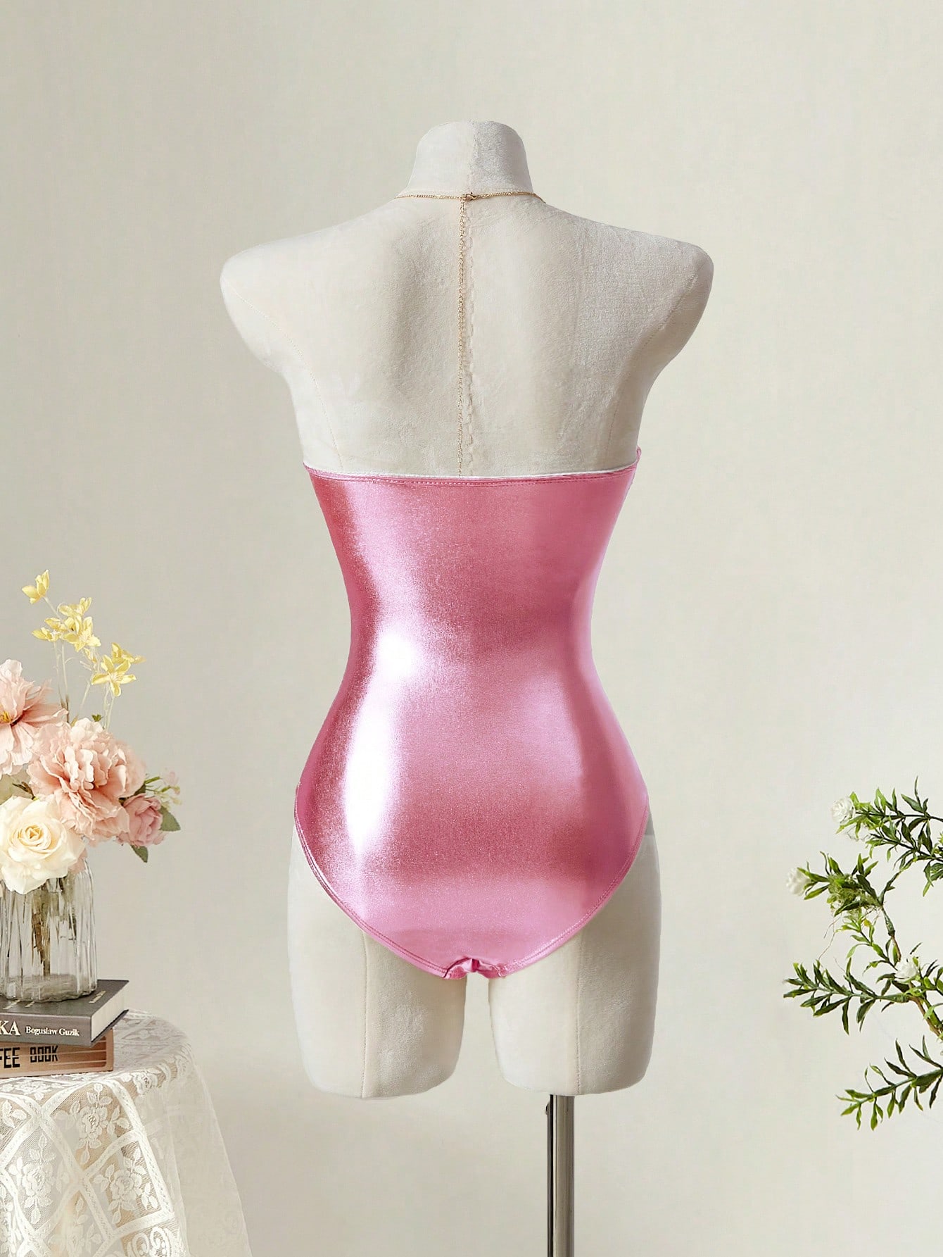 SHEIN MOD Coral Pink Women's Metal Decor Hollow Out Casual Vacation One-Piece - Image 2