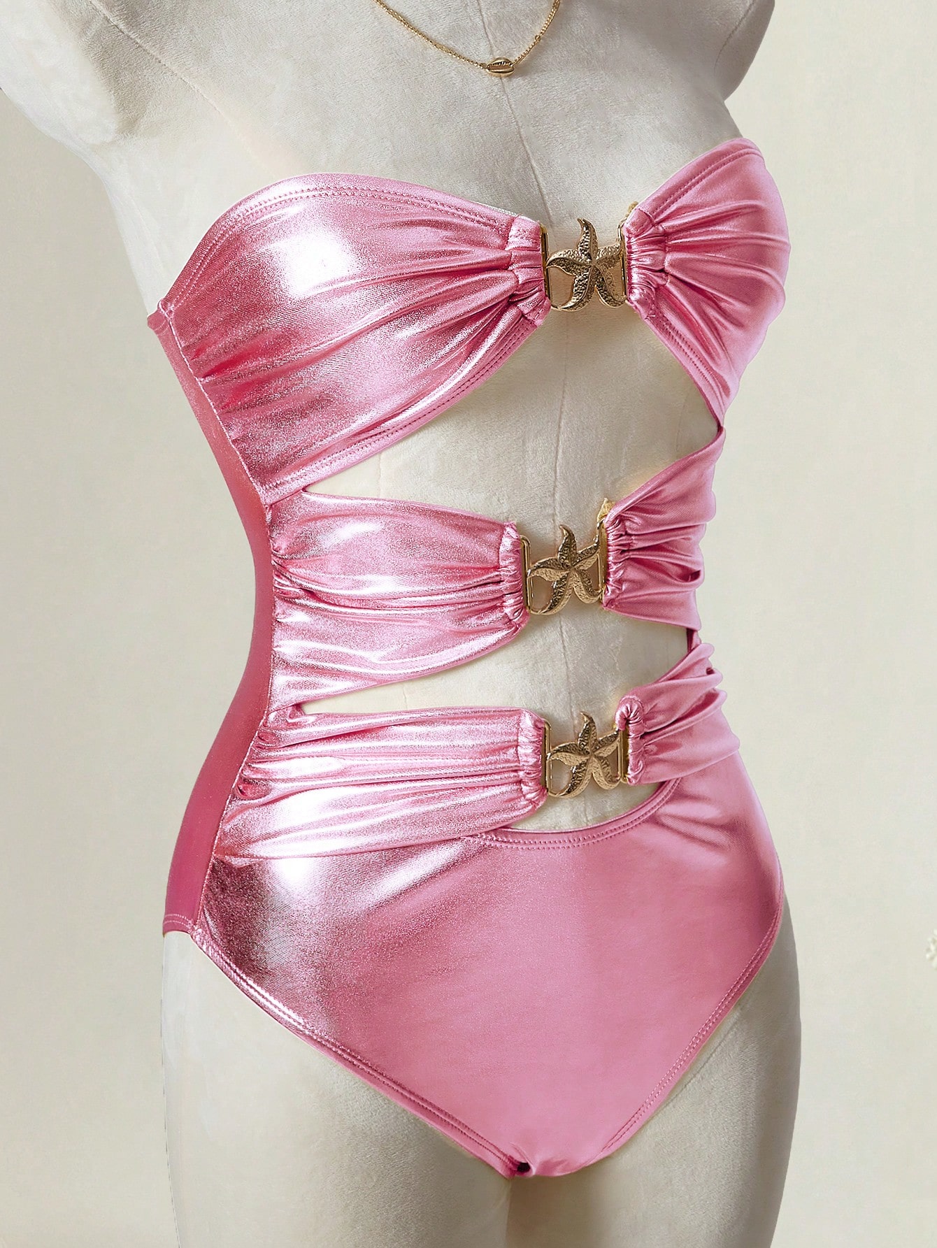 SHEIN MOD Coral Pink Women's Metal Decor Hollow Out Casual Vacation One-Piece - Image 3