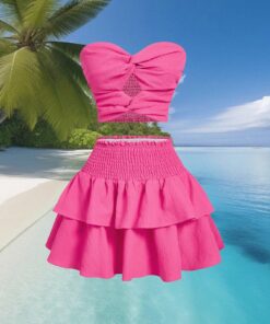 SHEIN MOD Vacation Tube Top & Lotus Leaf Skirt, Rose Pink Suit