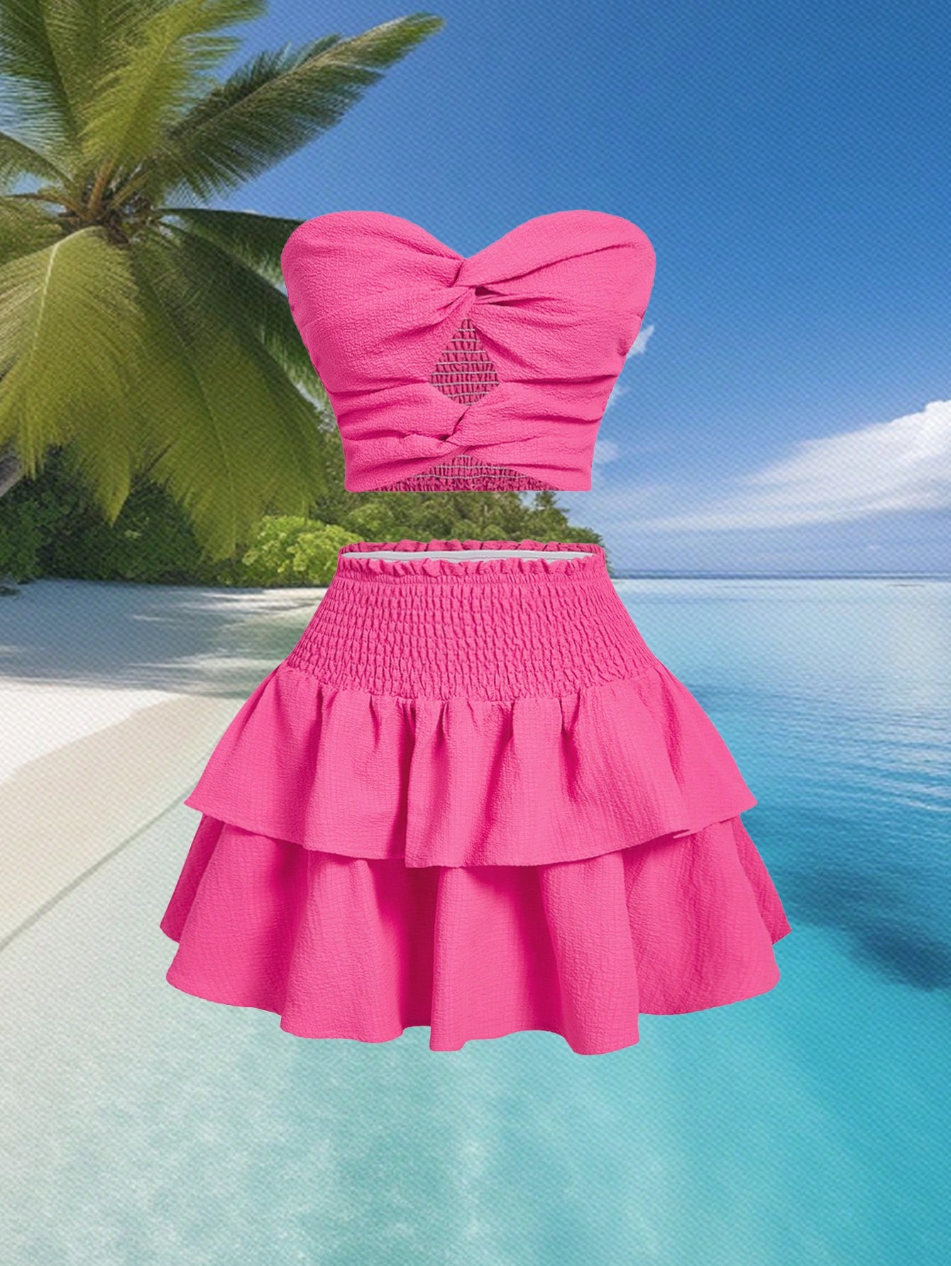 SHEIN MOD Vacation Tube Top & Lotus Leaf Skirt, Rose Pink Suit