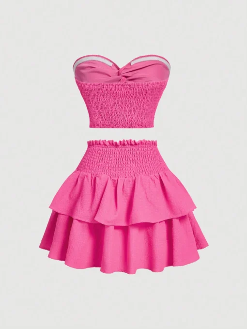 SHEIN MOD Vacation Tube Top & Lotus Leaf Skirt, Rose Pink Suit - Image 3