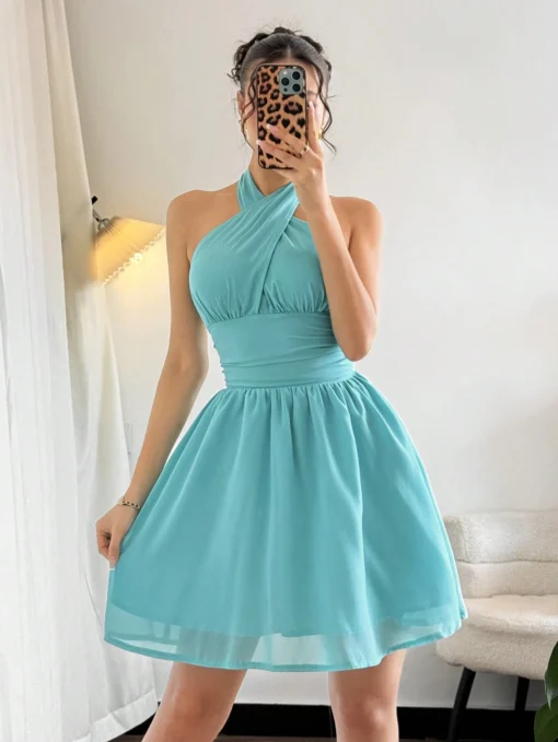 SHEIN Privé Women's New Elegant Halter Flared Short Dress