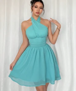 SHEIN Privé Women's New Elegant Halter Flared Short Dress