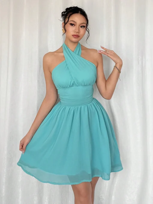 SHEIN Privé Women's New Elegant Halter Flared Short Dress