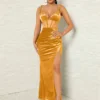 SHEIN SXY Prom Dress Women's Elegant Mesh Contrast High Slit Spaghetti Strap Dress