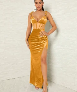SHEIN SXY Prom Dress Women's Elegant Mesh Contrast High Slit Spaghetti Strap Dress