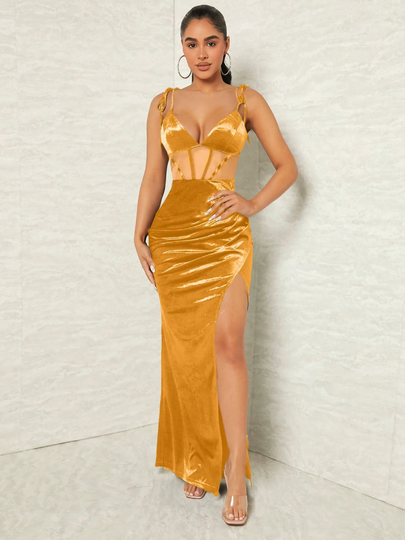 SHEIN SXY Prom Dress Women's Elegant Mesh Contrast High Slit Spaghetti Strap Dress