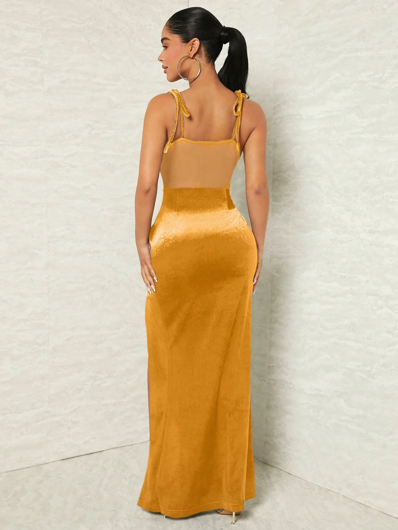 SHEIN SXY Prom Dress Women's Elegant Mesh Contrast High Slit Spaghetti Strap Dress - Image 2