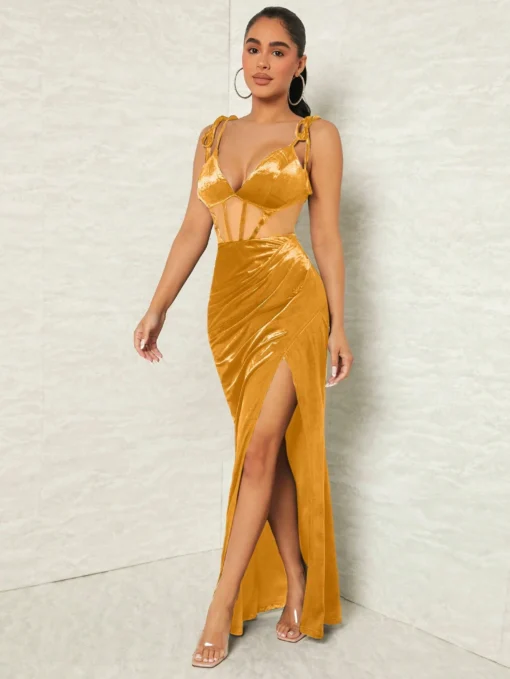 SHEIN SXY Prom Dress Women's Elegant Mesh Contrast High Slit Spaghetti Strap Dress - Image 3