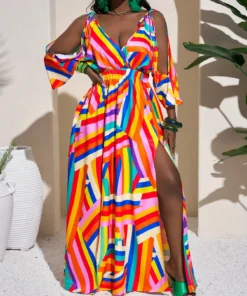SHEIN Slaydiva Women's Holiday Striped Hollow-Out Side Slit Casual Dress