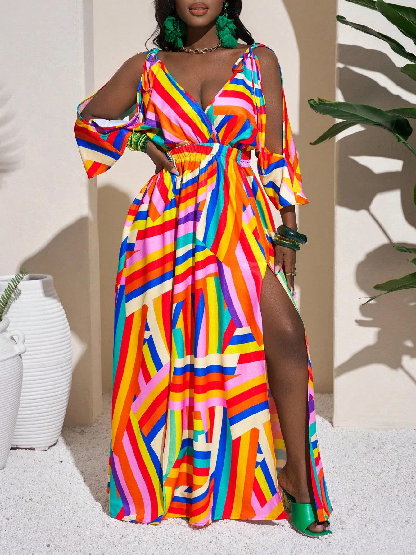 SHEIN Slaydiva Women's Holiday Striped Hollow-Out Side Slit Casual Dress