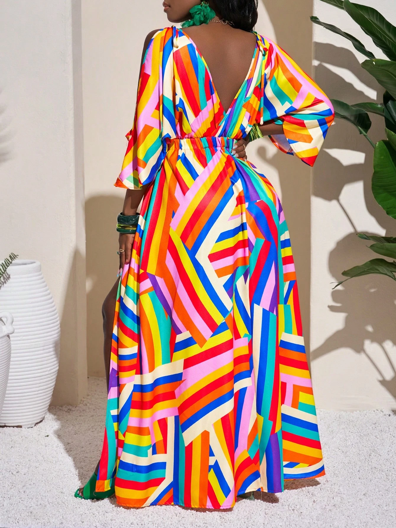 SHEIN Slaydiva Women's Holiday Striped Hollow-Out Side Slit Casual Dress - Image 2