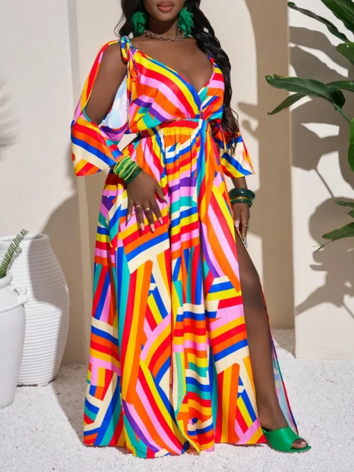 SHEIN Slaydiva Women's Holiday Striped Hollow-Out Side Slit Casual Dress - Image 3