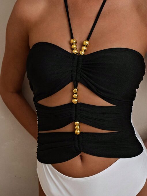 SHEIN Swim Oasis Luxurious High-End Color Block Splice Halter One-Piece Swimsuit - Image 4