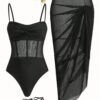 SHEIN Swim Oasis Women Vacation Beach Solid Color Twist Mesh Patchwork One-Piece