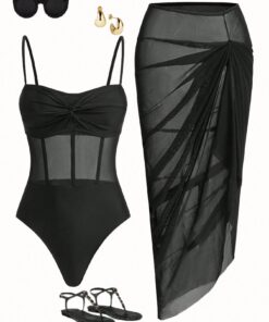SHEIN Swim Oasis Women Vacation Beach Solid Color Twist Mesh Patchwork One-Piece