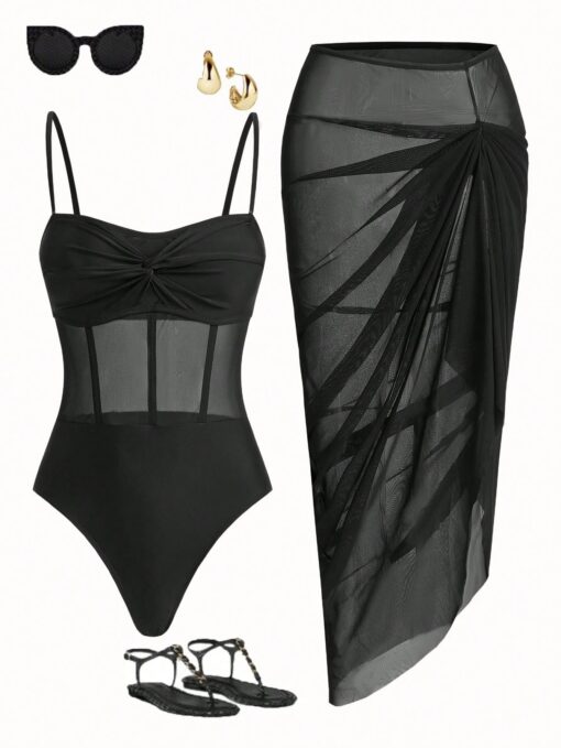 SHEIN Swim Oasis Women Vacation Beach Solid Color Twist Mesh Patchwork One-Piece