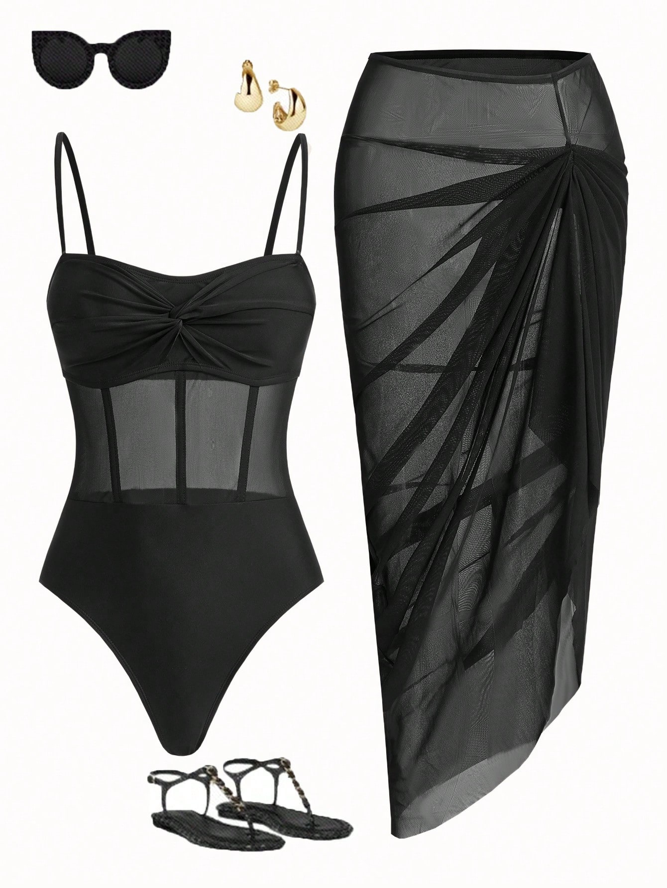 SHEIN Swim Oasis Women Vacation Beach Solid Color Twist Mesh Patchwork One-Piece