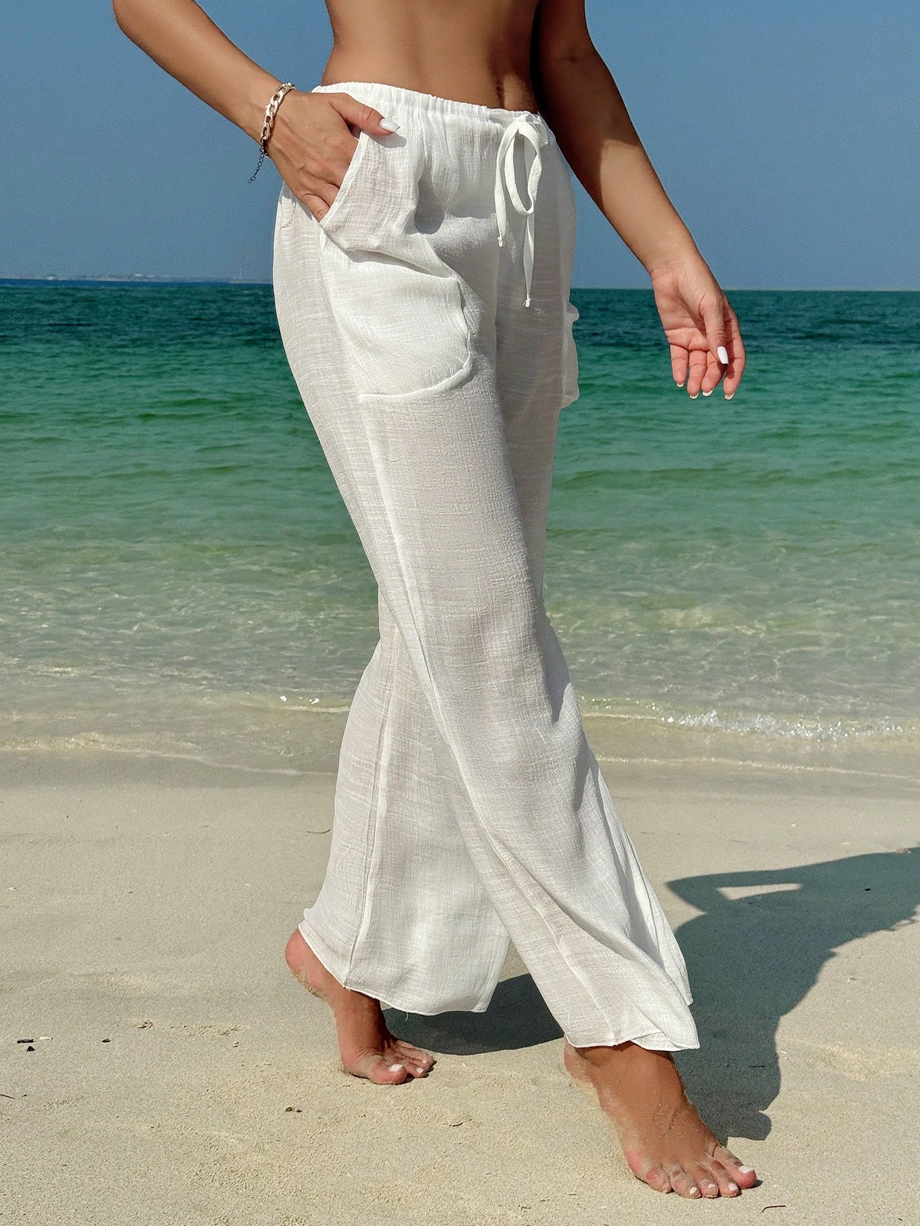 SHEIN Swim Vcay Women's Solid Color Side Pocket Design With Belt