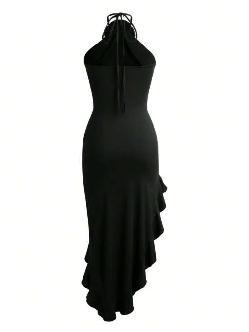 SHEIN Women's Sexy Fashion Halter Backless Split Ruffle Hem Bodycon Dress - Image 2