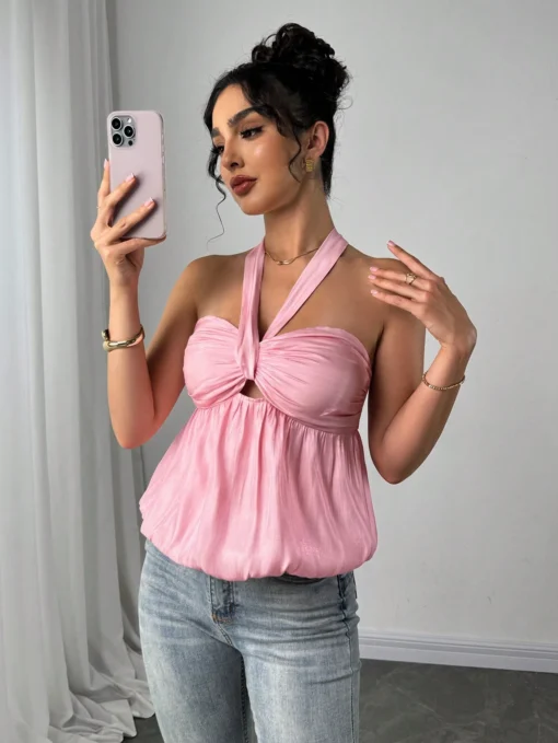 SHEIN Elegant Neck Tie Bow Ruched Bust Women Tank Top - Image 3