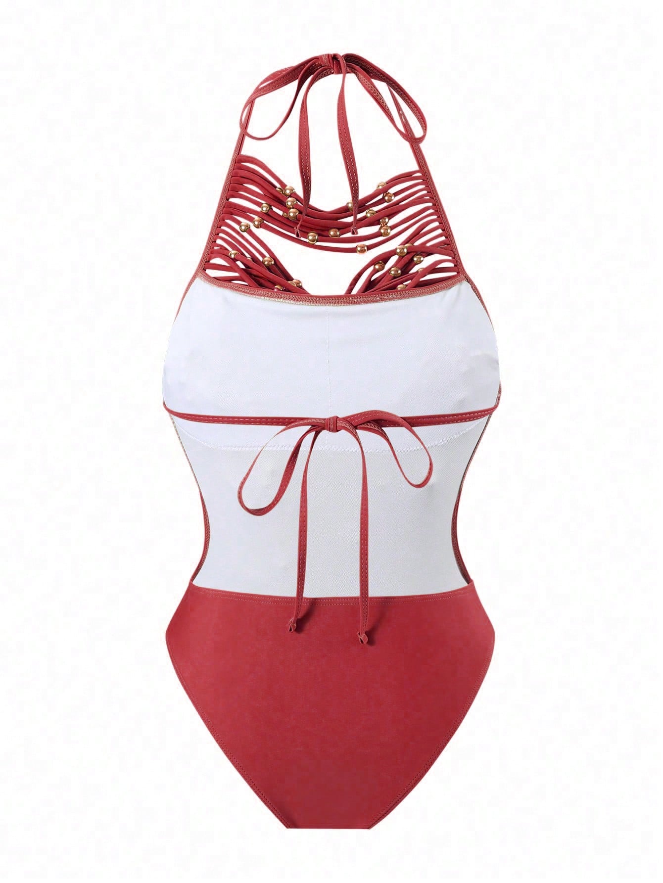 SHEIN Swim Chiccia Springbreak Scoop Neck Halter White Hollow Metallic Beaded - Image 2