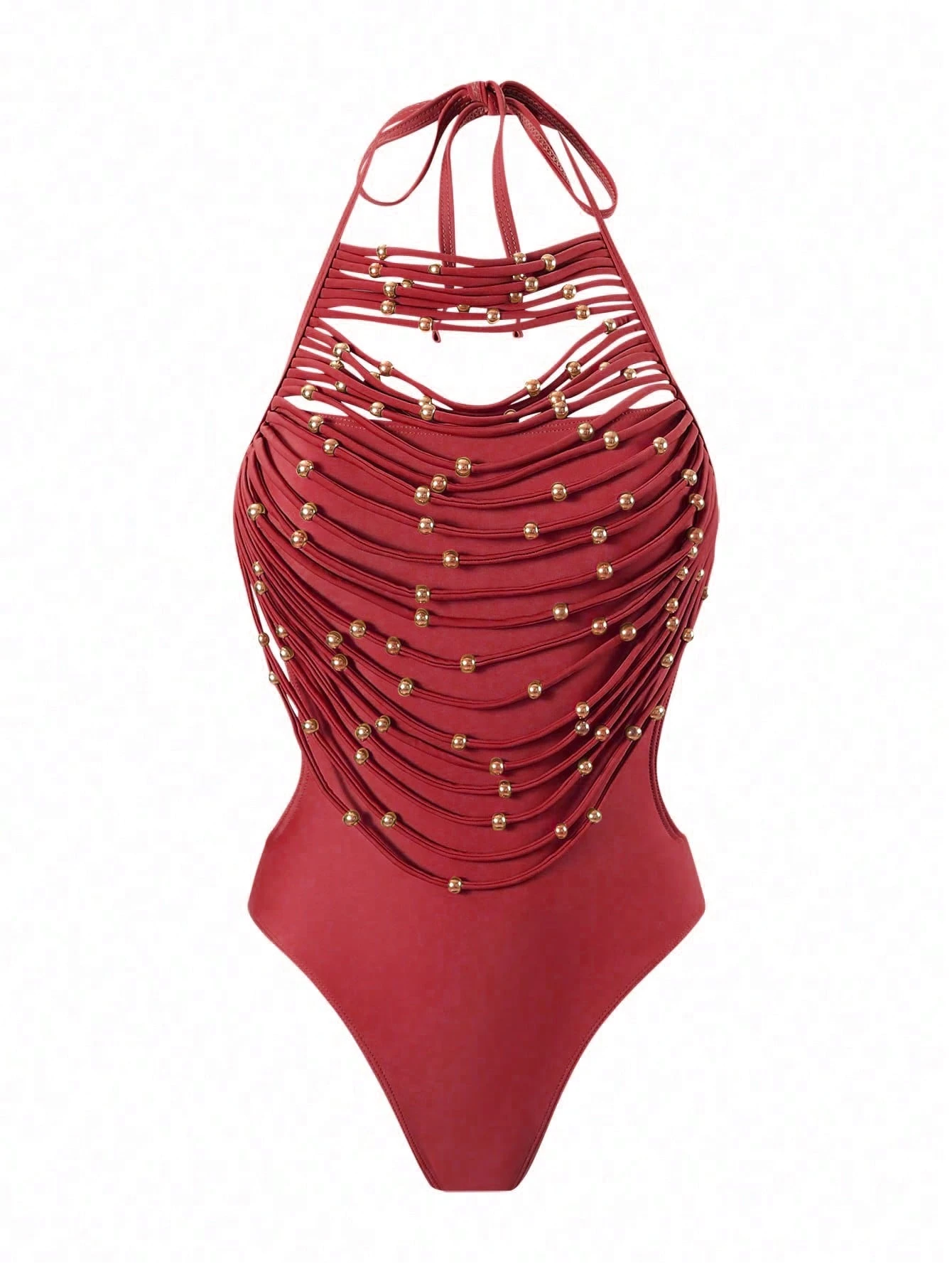 SHEIN Swim Chiccia Springbreak Scoop Neck Halter White Hollow Metallic Beaded - Image 3