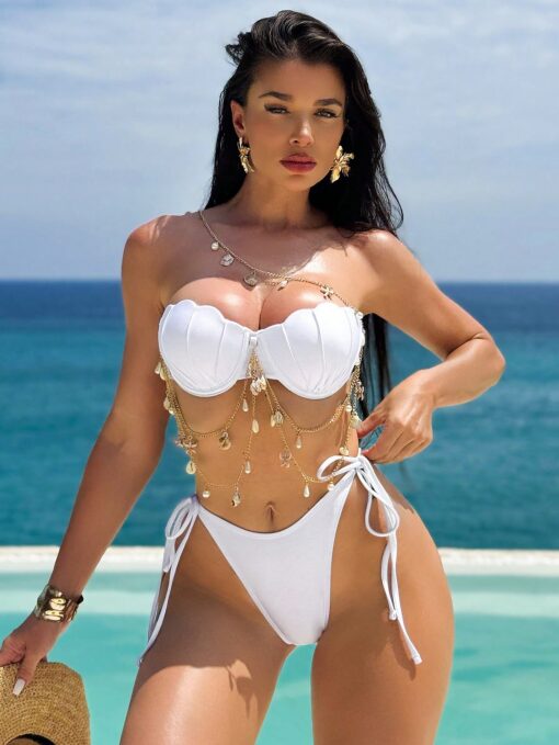 SHEIN Swim Vcay 2pcs Women Spring & Vacation Leisure White Seashell Pattern Bikini Set
