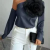 SHEIN Chiquease 1pc Women's Solid Color 3D Floral Decoration Asymmetric Collar Long Sleeve Elegant Blouse