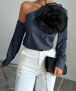 SHEIN Chiquease 1pc Women's Solid Color 3D Floral Decoration Asymmetric Collar Long Sleeve Elegant Blouse